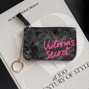 Great condition! Victoria's Secret Black Floral Pouch with Keyring